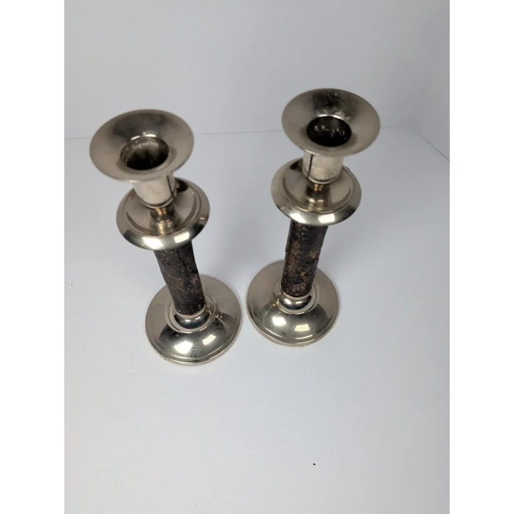 William Sonoma Walnut Bark / Silver Candle Sticks  8 1/4 in set of 2